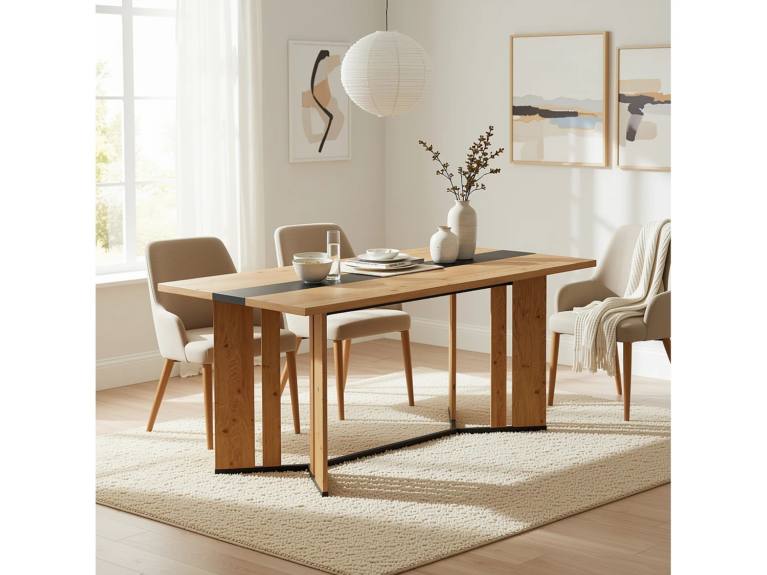 URBAN MEUBLE Table à manger rectangulaire effet chêne naturel et noir 150*80cm