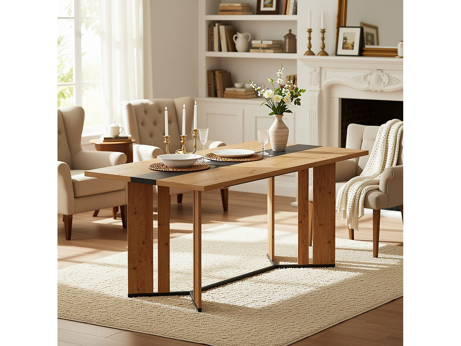 URBAN MEUBLE Table à manger rectangulaire effet chêne naturel et noir 150*80cm