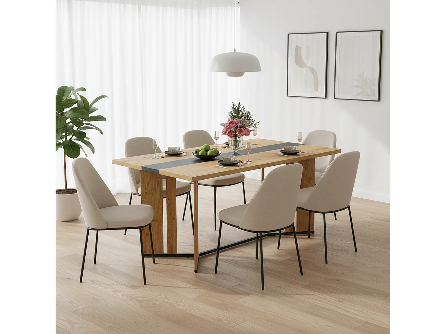 URBAN MEUBLE Table à manger rectangulaire effet chêne naturel et noir 150*80cm