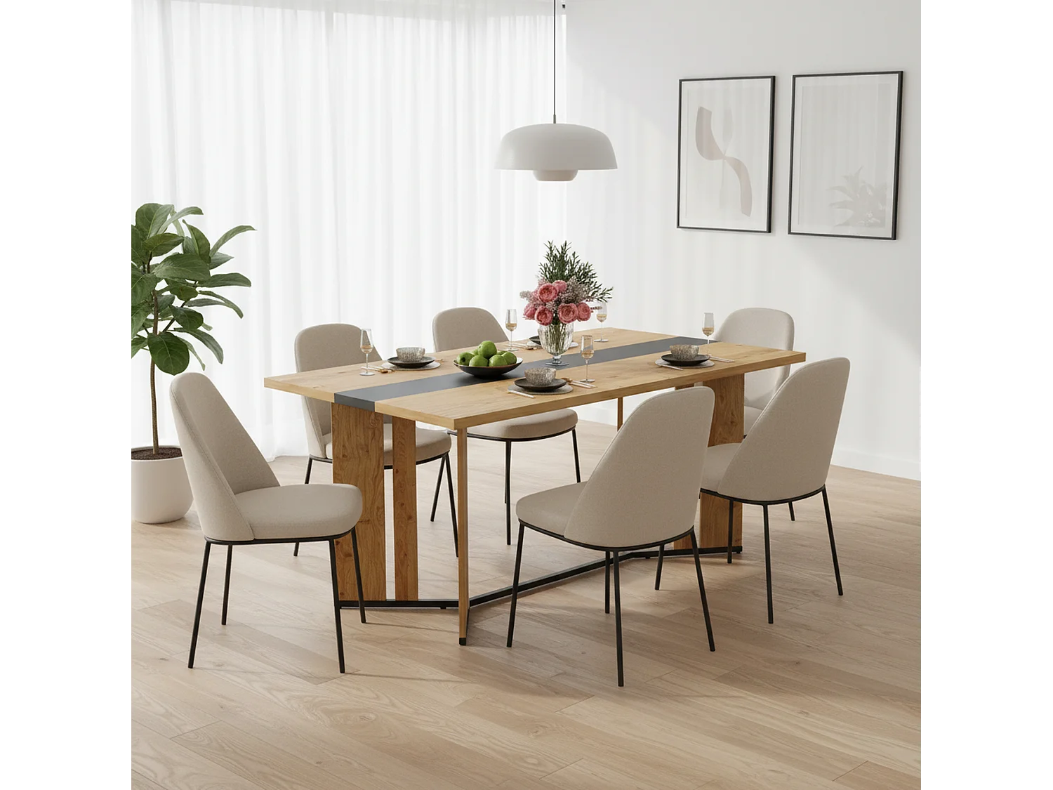 URBAN MEUBLE Table à manger rectangulaire effet chêne naturel et noir 150*80cm