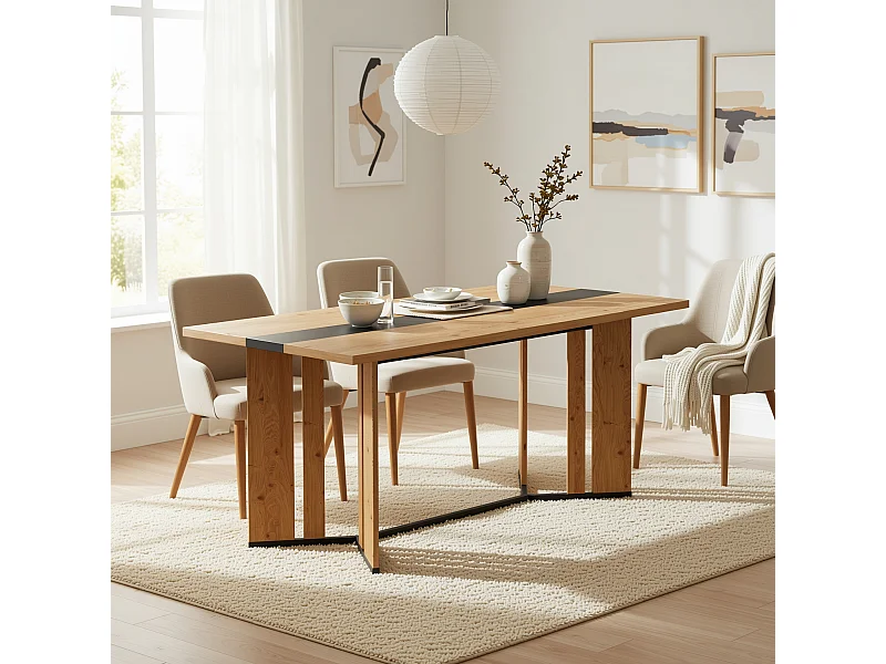 URBAN MEUBLE Table à manger rectangulaire effet chêne naturel et noir 150*80cm