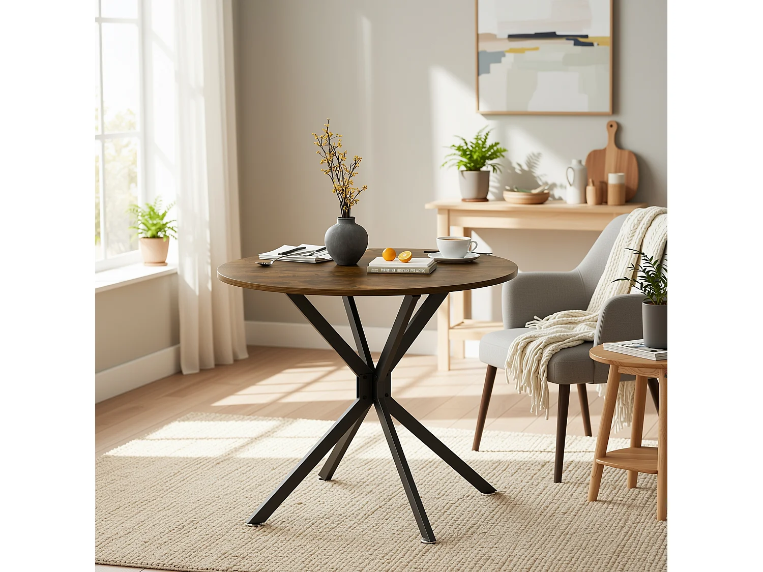 URBAN MEUBLE Table de salle à manger ronde vintage effet bois marron rustique 90*90cm