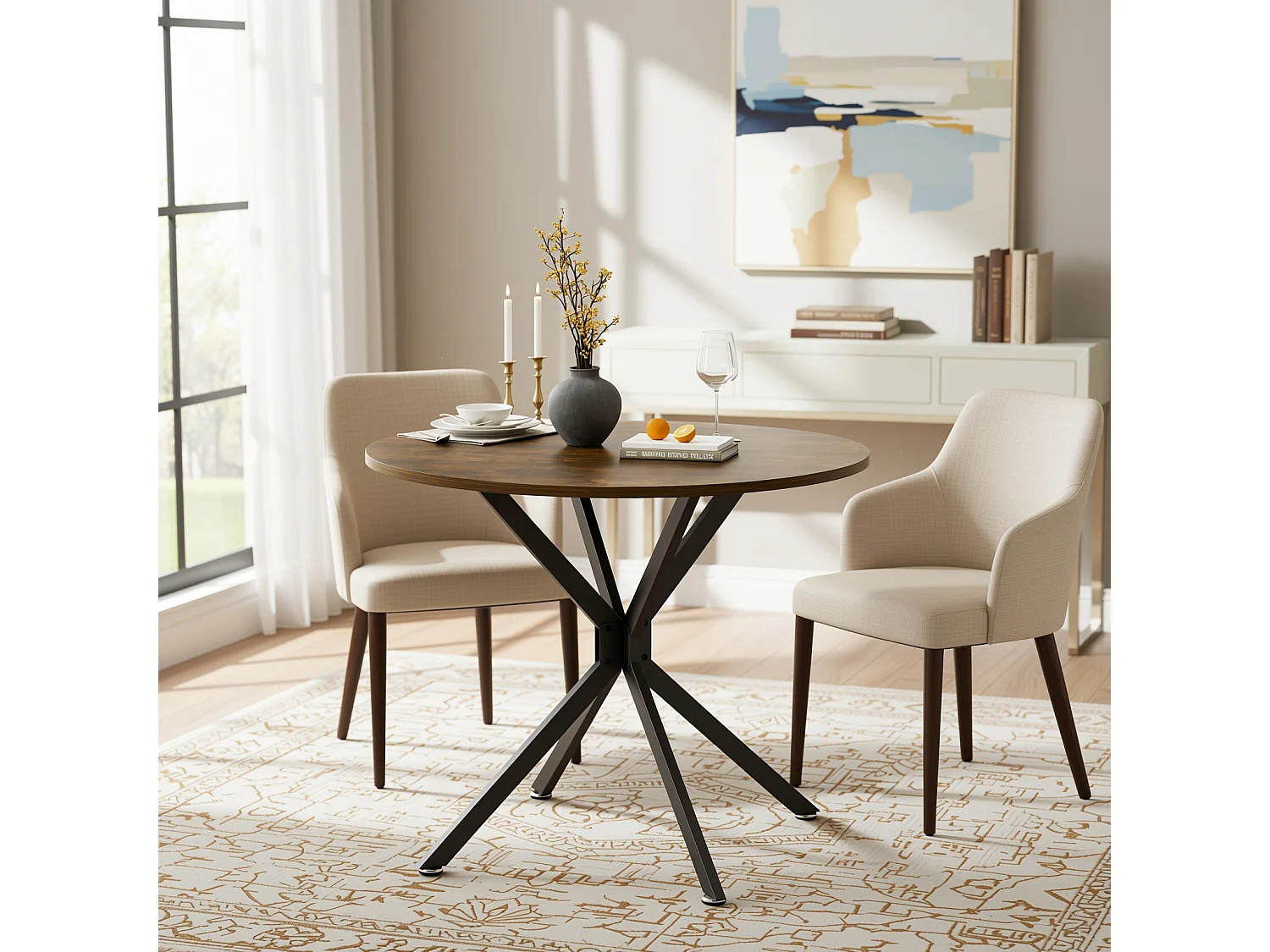 URBAN MEUBLE Table de salle à manger ronde vintage effet bois marron rustique 90*90cm