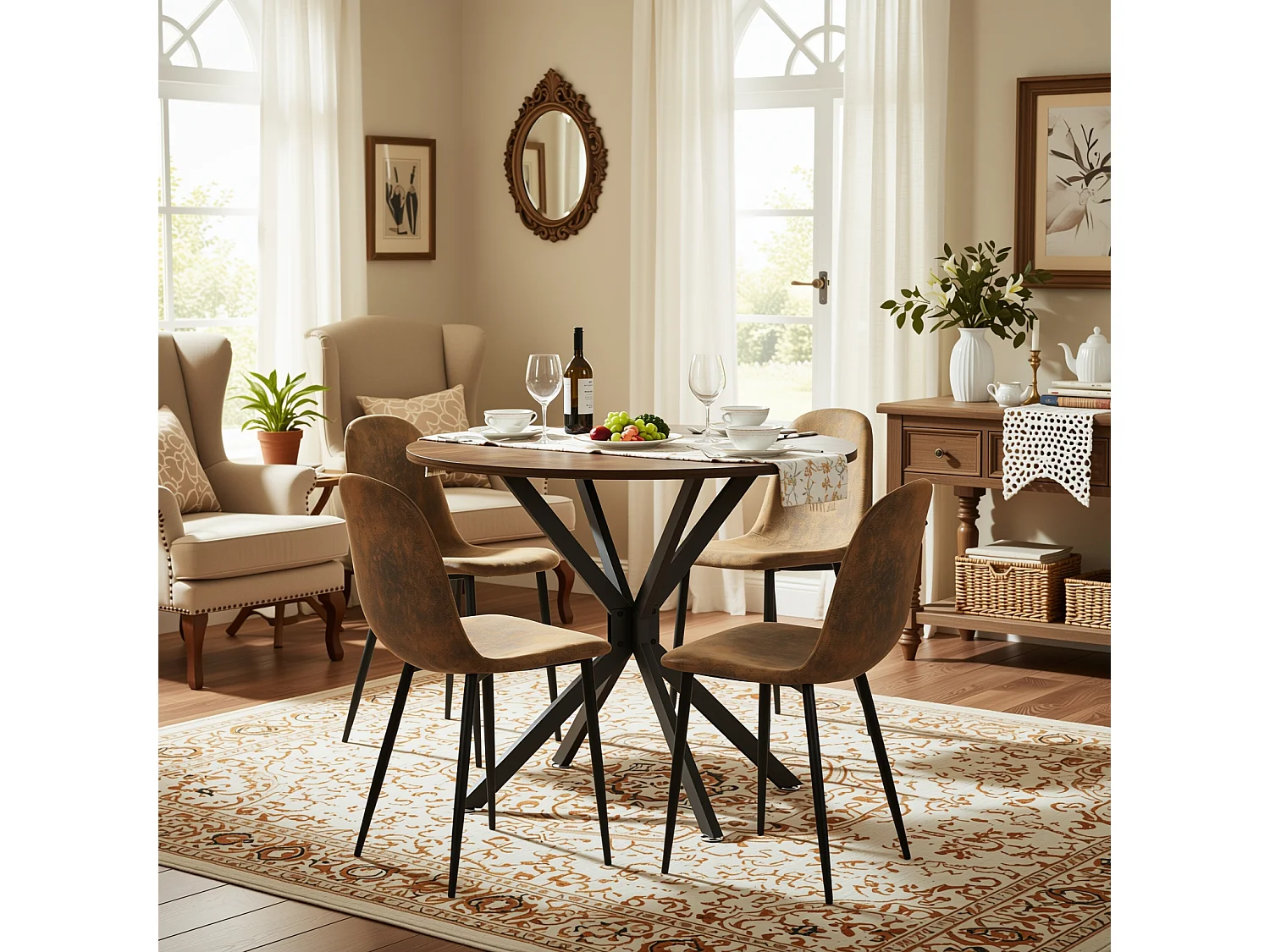 URBAN MEUBLE Table de salle à manger ronde vintage effet bois marron rustique 90*90cm