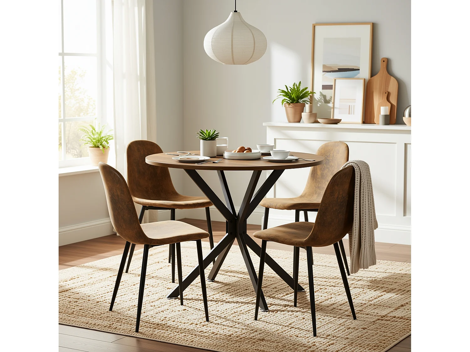 URBAN MEUBLE Table de salle à manger ronde vintage effet bois marron rustique 90*90cm