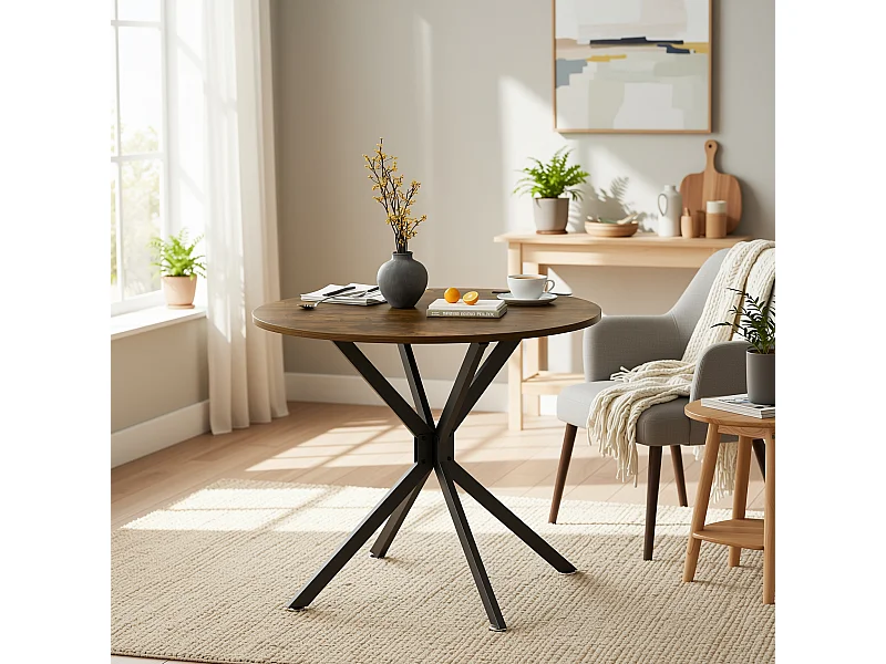 URBAN MEUBLE Table de salle à manger ronde vintage effet bois marron rustique 90*90cm