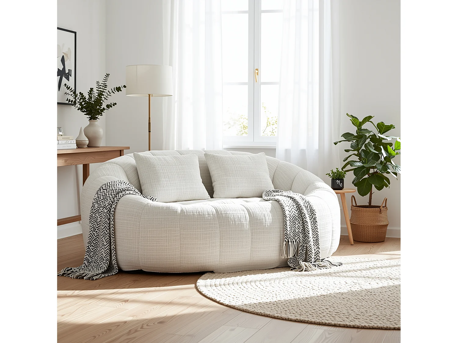 URBAN MEUBLE Canapé compact rond 2 places Loveseat en chenille beige et 2 cousins