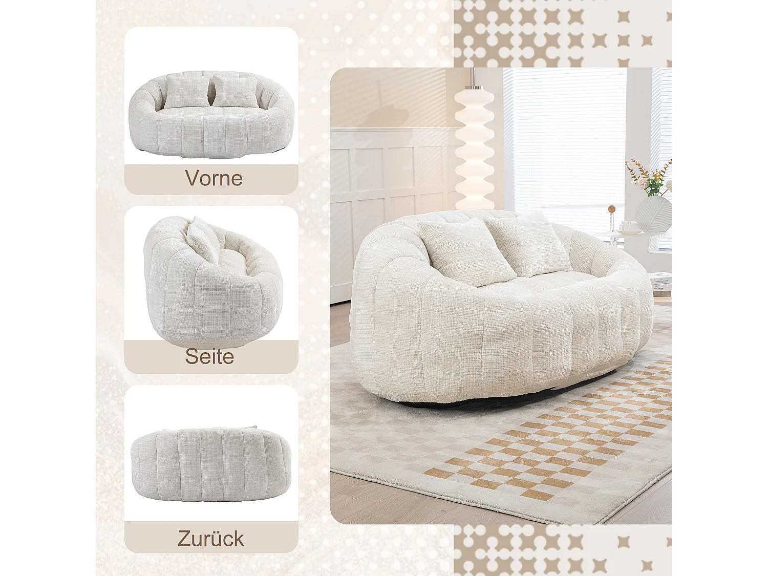 URBAN MEUBLE Canapé compact rond 2 places Loveseat en chenille beige et 2 cousins