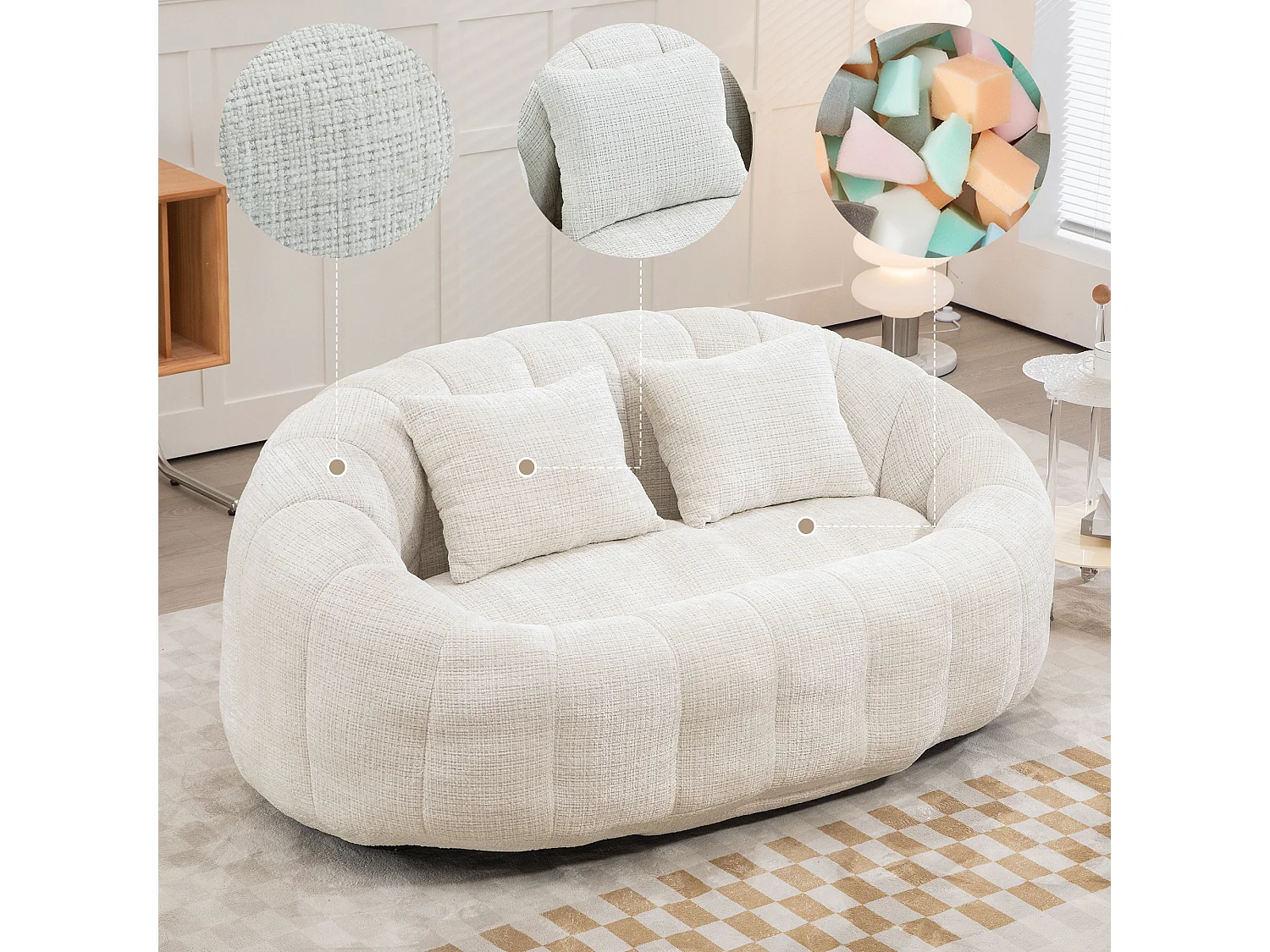 URBAN MEUBLE Canapé compact rond 2 places Loveseat en chenille beige et 2 cousins