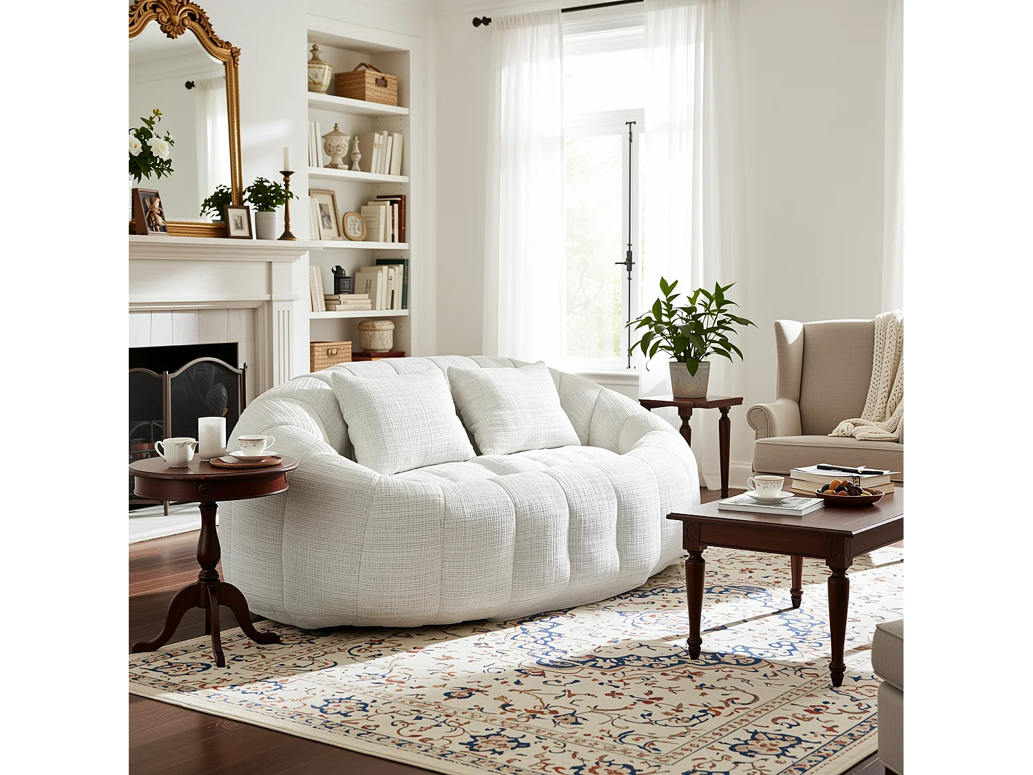 URBAN MEUBLE Canapé compact rond 2 places Loveseat en chenille beige et 2 cousins