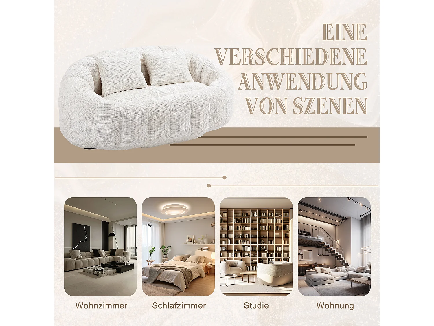 URBAN MEUBLE Canapé compact rond 2 places Loveseat en chenille beige et 2 cousins