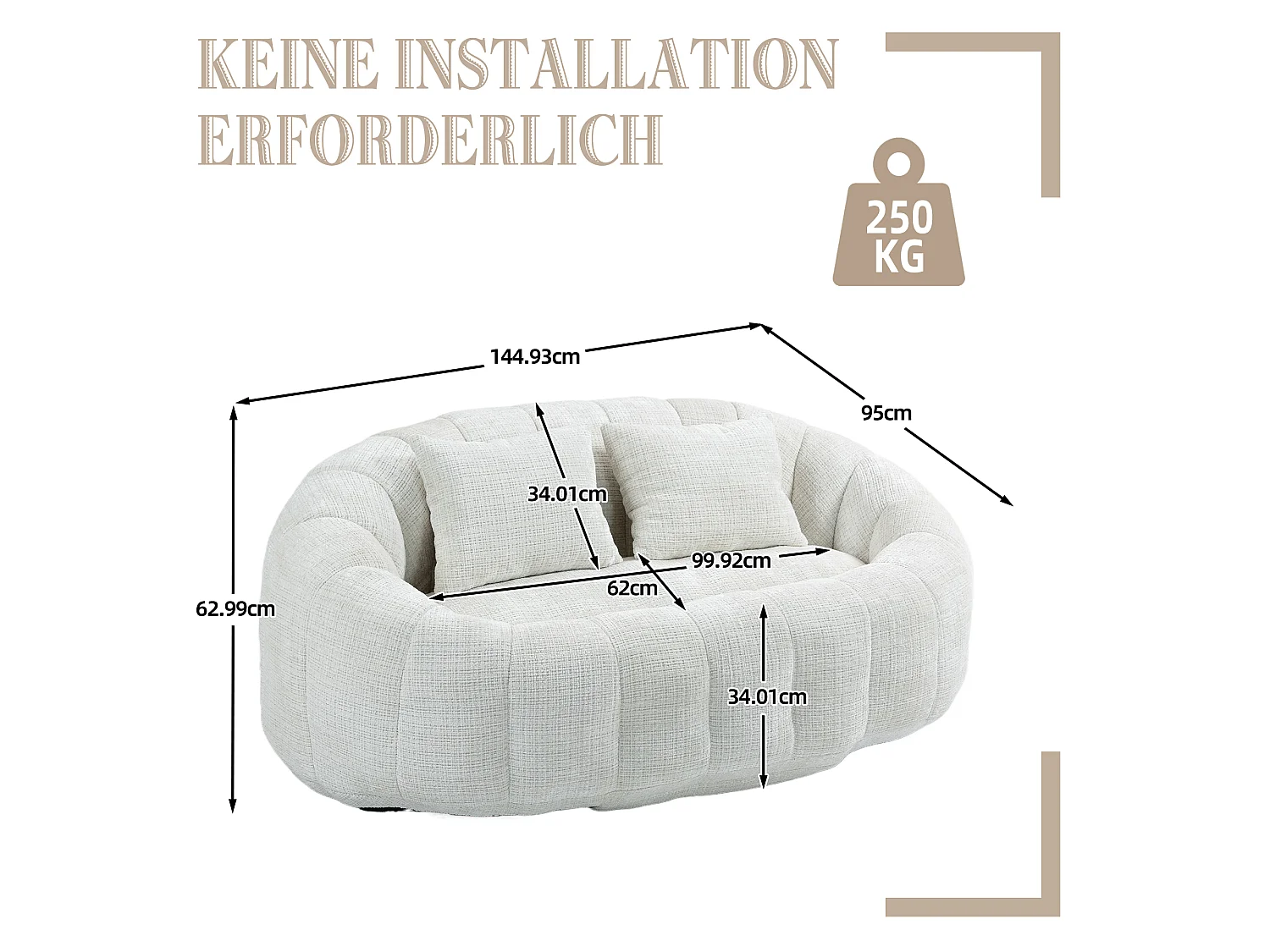 URBAN MEUBLE Canapé compact rond 2 places Loveseat en chenille beige et 2 cousins