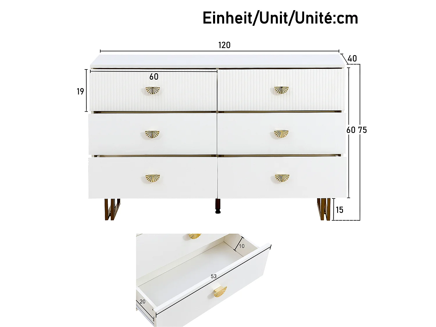 URBAN MEUBLE Buffet élégant crème à 6 tiroirs avec façades rainurées et poignées dorées - style contemporain