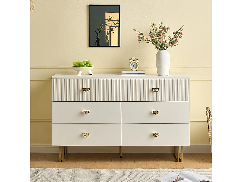 URBAN MEUBLE Buffet élégant crème à 6 tiroirs avec façades rainurées et poignées dorées - style contemporain