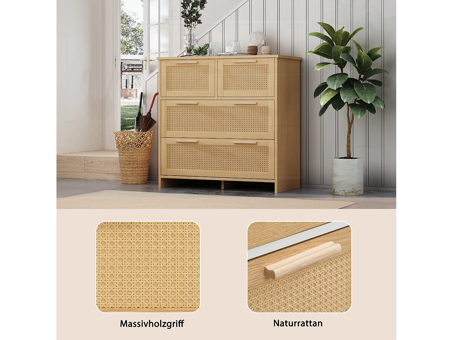 URBAN MEUBLE Buffet moderne à 4 tiroirs en effect bois et rotin tressé 4 tiroirs