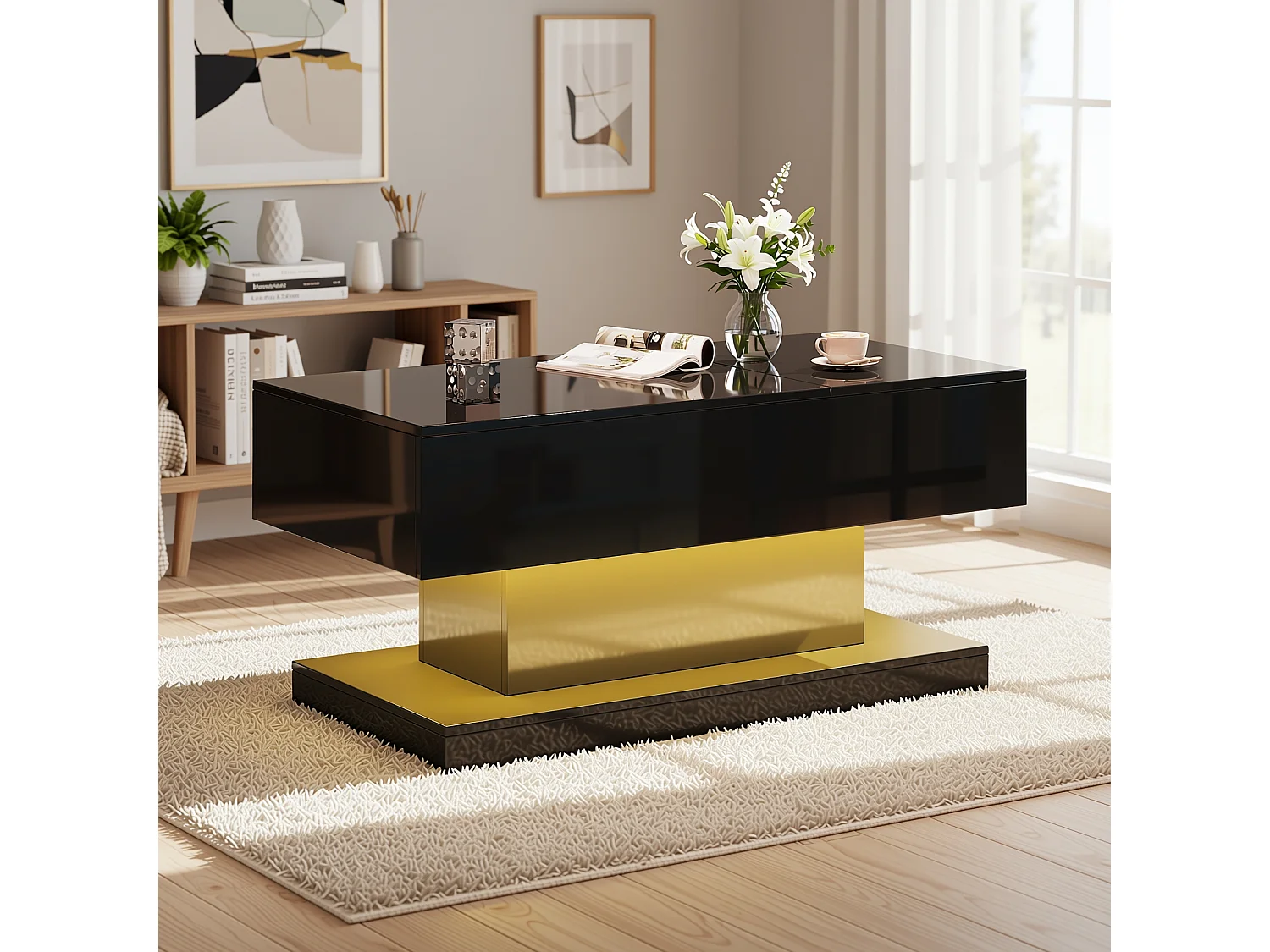 URBAN MEUBLE Table basse relevable laqué noire avec éclairage LED 100x50 cm