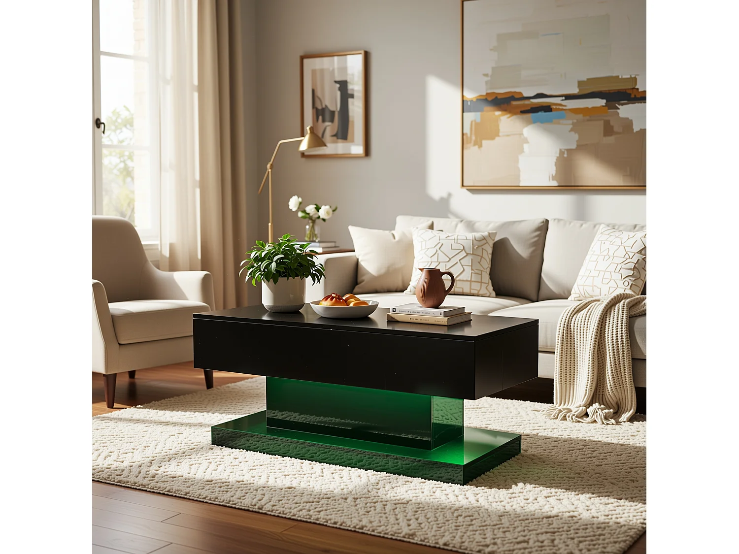 URBAN MEUBLE Table basse relevable laqué noire avec éclairage LED 100x50 cm