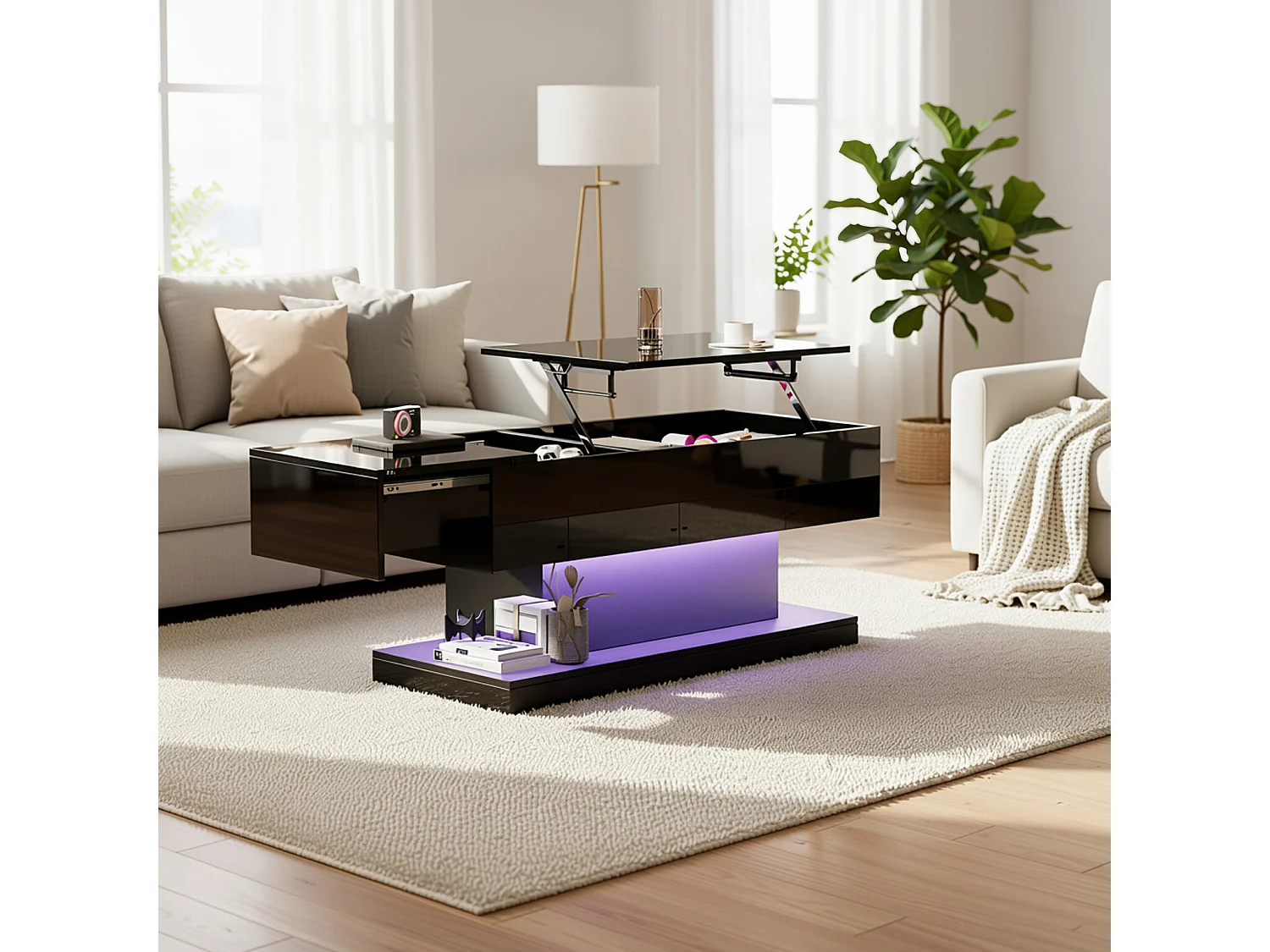 URBAN MEUBLE Table basse relevable laqué noire avec éclairage LED 100x50 cm