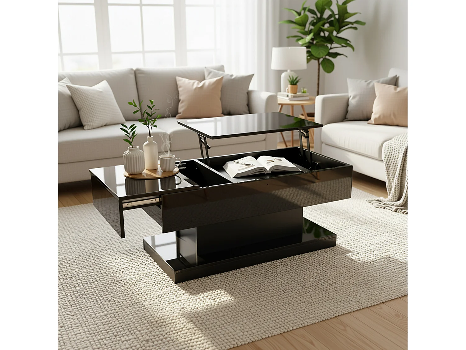 URBAN MEUBLE Table basse relevable laqué noire avec éclairage LED 100x50 cm