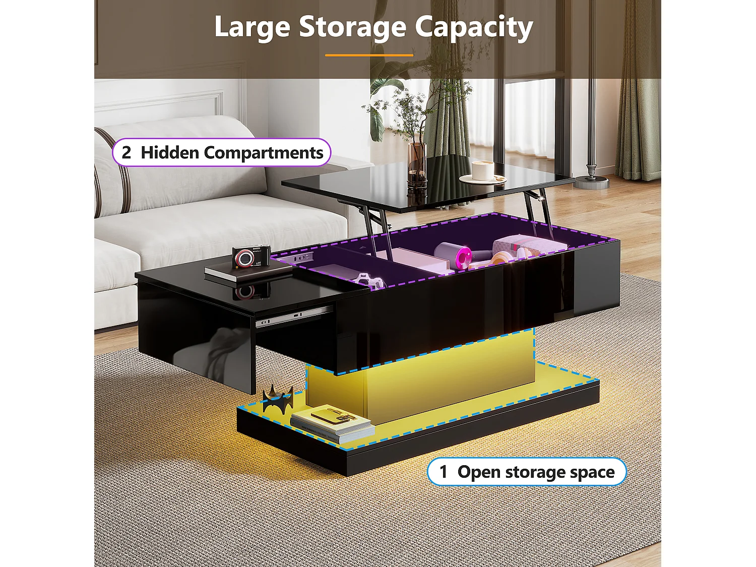 URBAN MEUBLE Table basse relevable laqué noire avec éclairage LED 100x50 cm
