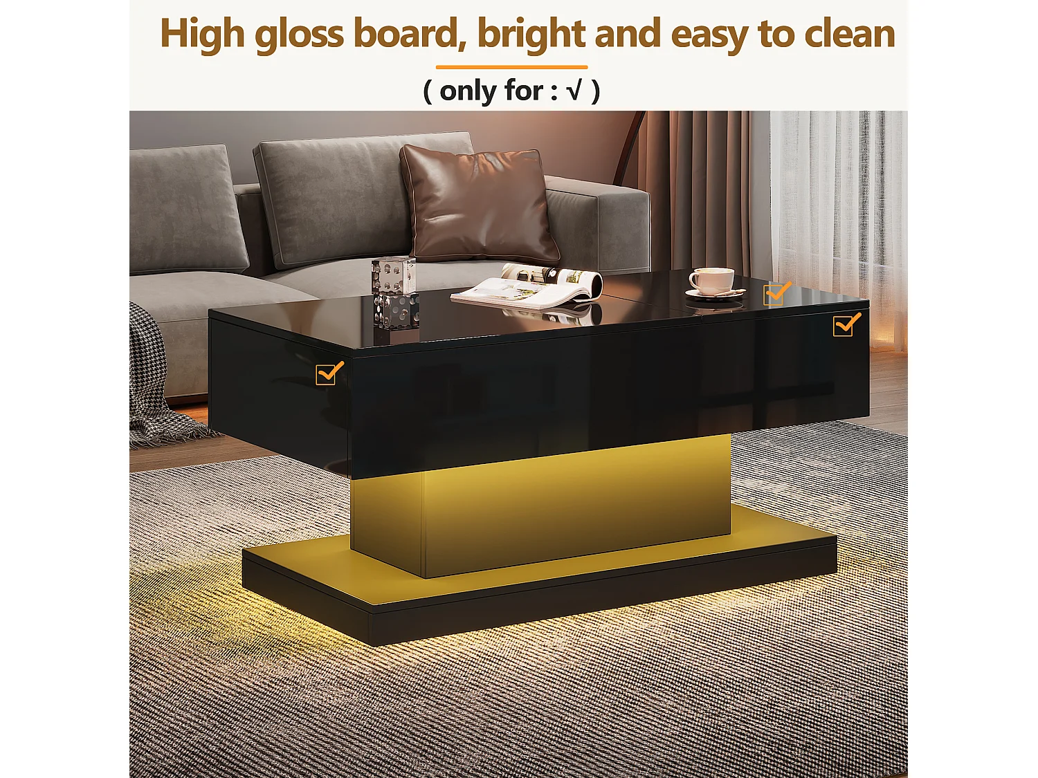 URBAN MEUBLE Table basse relevable laqué noire avec éclairage LED 100x50 cm