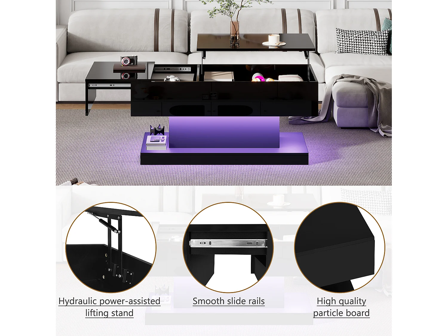 URBAN MEUBLE Table basse relevable laqué noire avec éclairage LED 100x50 cm