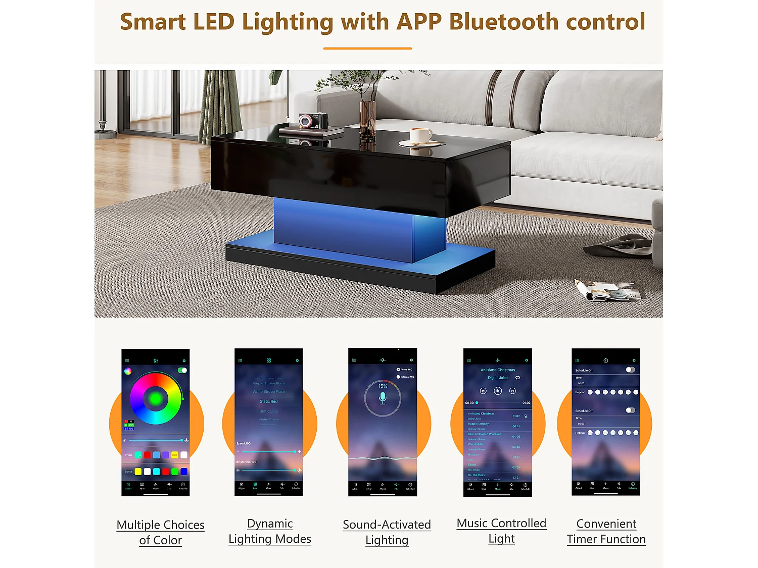 URBAN MEUBLE Table basse relevable laqué noire avec éclairage LED 100x50 cm