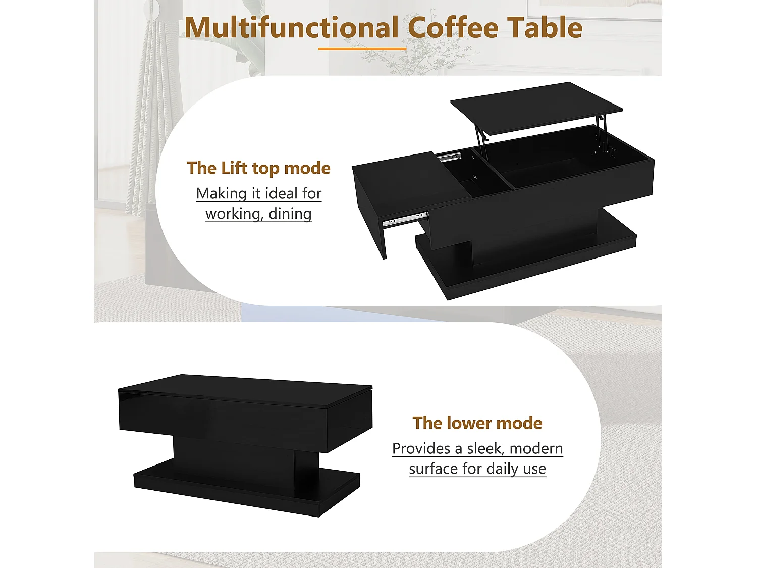 URBAN MEUBLE Table basse relevable laqué noire avec éclairage LED 100x50 cm