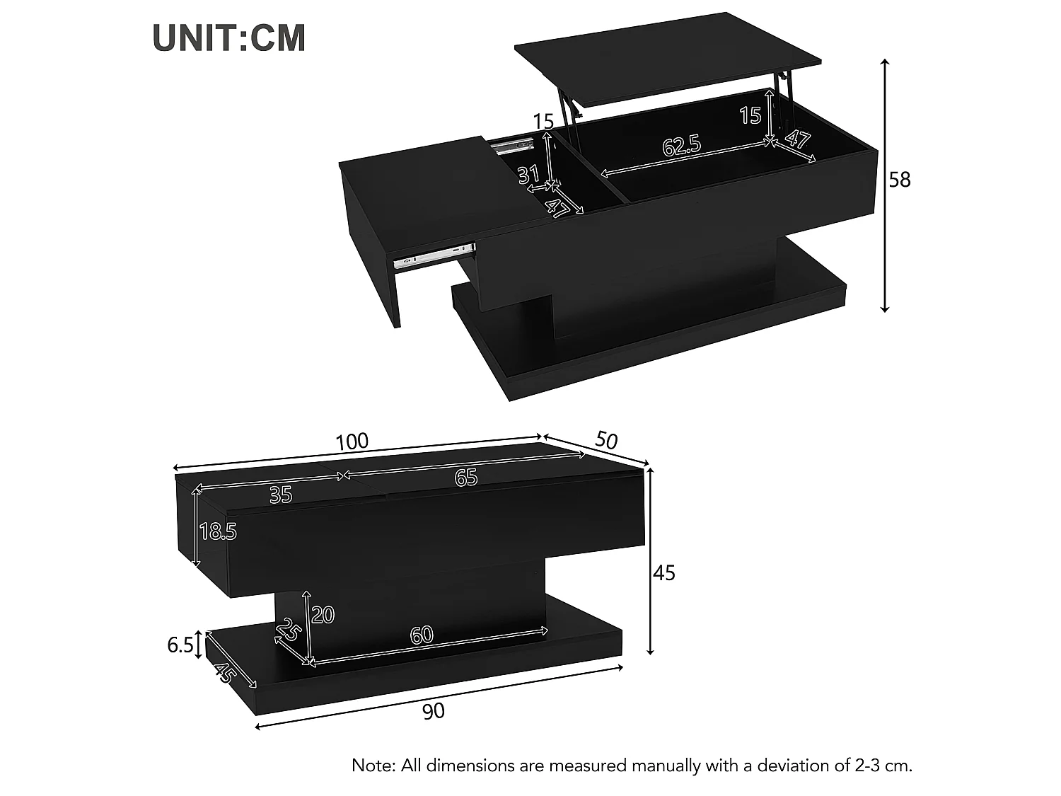 URBAN MEUBLE Table basse relevable laqué noire avec éclairage LED 100x50 cm