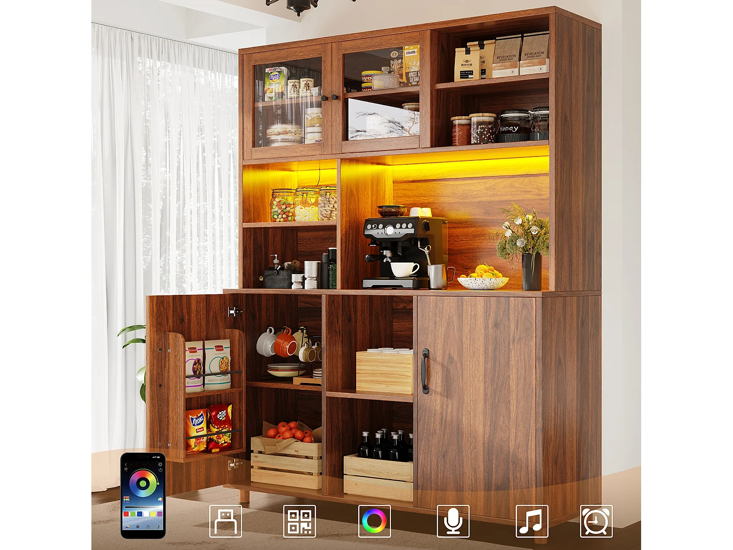 URBAN MEUBLE Buffet haut vaisselier effet bois noyer et vitrine en verre avec éclairage LED intelligent
