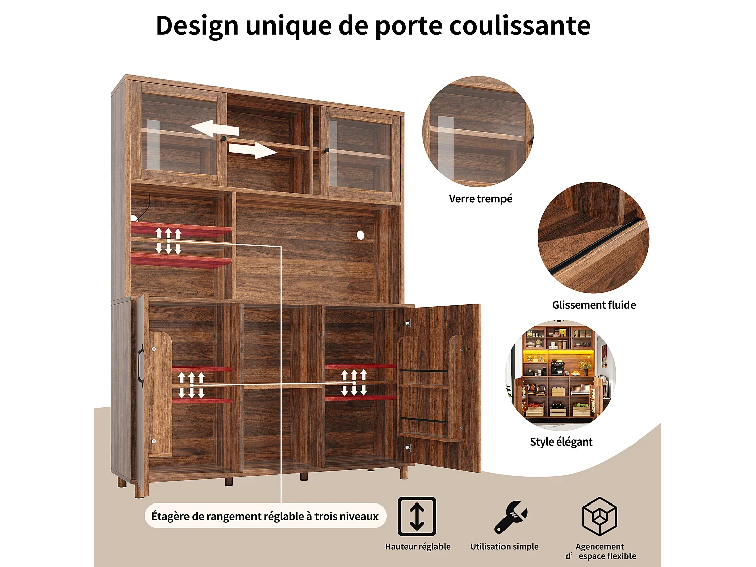 URBAN MEUBLE Buffet haut vaisselier effet bois noyer et vitrine en verre avec éclairage LED intelligent
