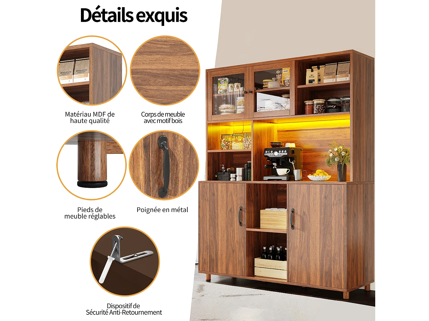 URBAN MEUBLE Buffet haut vaisselier effet bois noyer et vitrine en verre avec éclairage LED intelligent