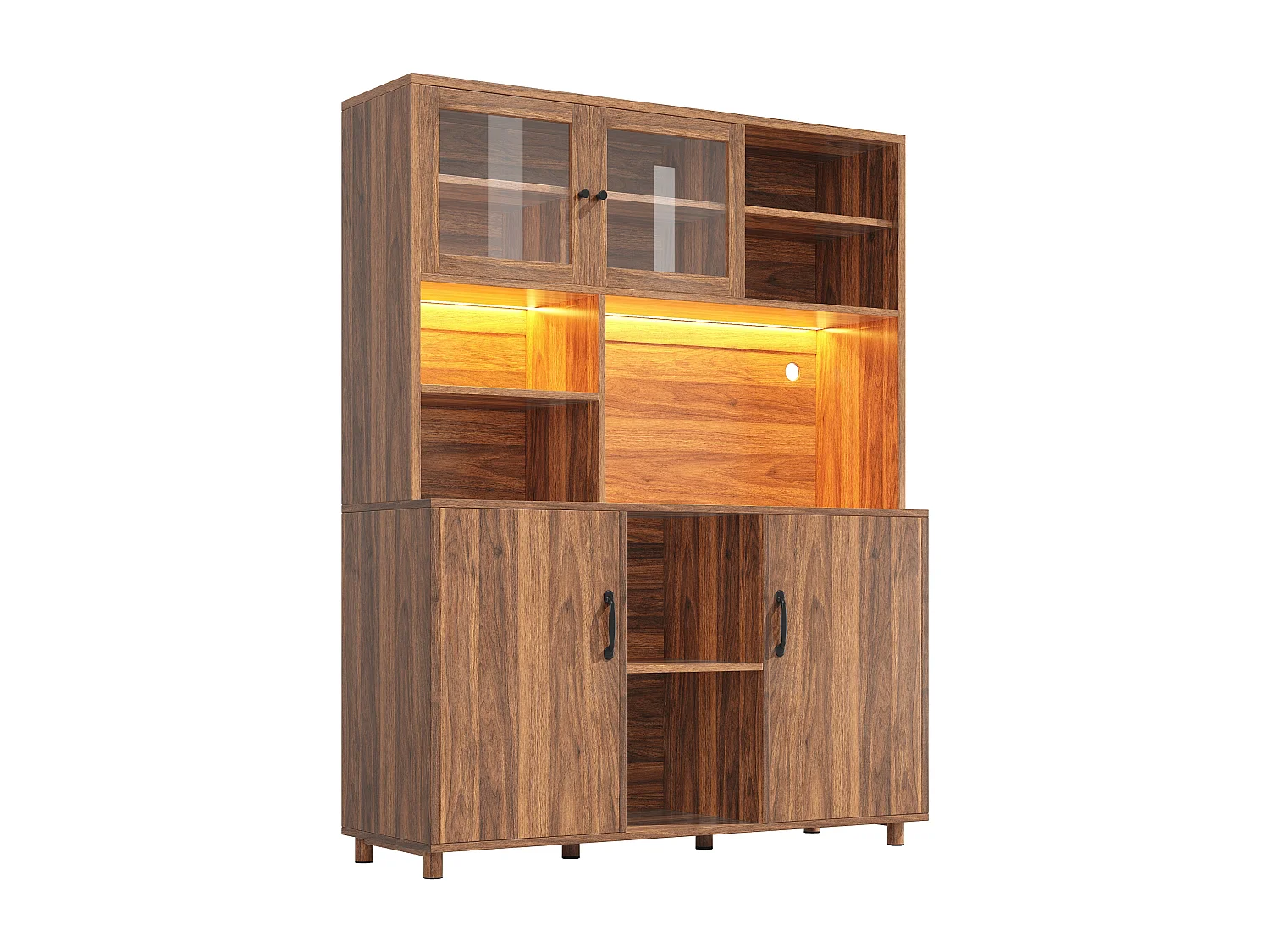 URBAN MEUBLE Buffet haut vaisselier effet bois noyer et vitrine en verre avec éclairage LED intelligent