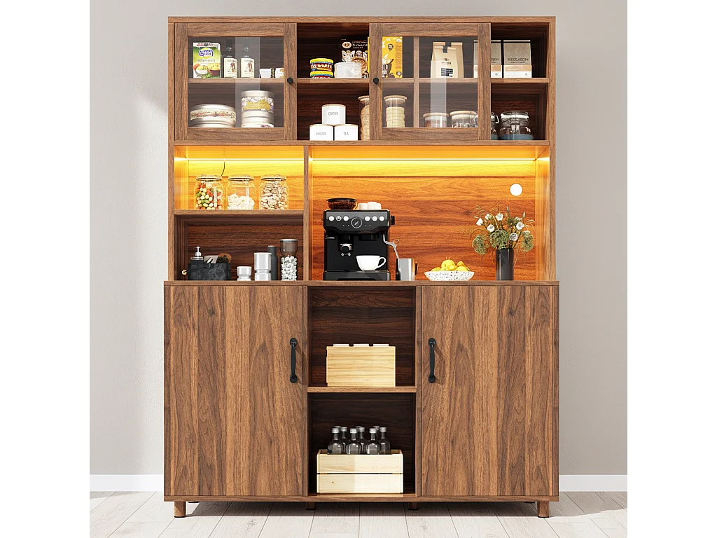 URBAN MEUBLE Buffet haut vaisselier effet bois noyer et vitrine en verre avec éclairage LED intelligent