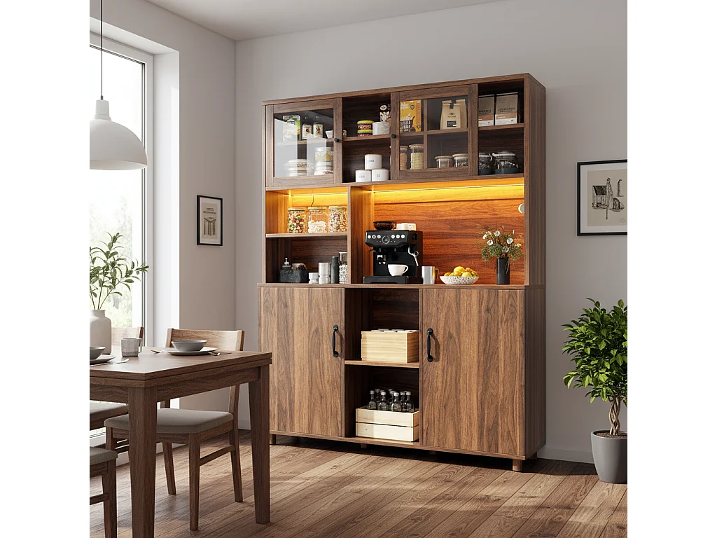 URBAN MEUBLE Buffet haut vaisselier effet bois noyer et vitrine en verre avec éclairage LED intelligent
