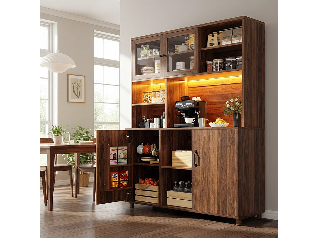 URBAN MEUBLE Buffet haut vaisselier effet bois noyer et vitrine en verre avec éclairage LED intelligent