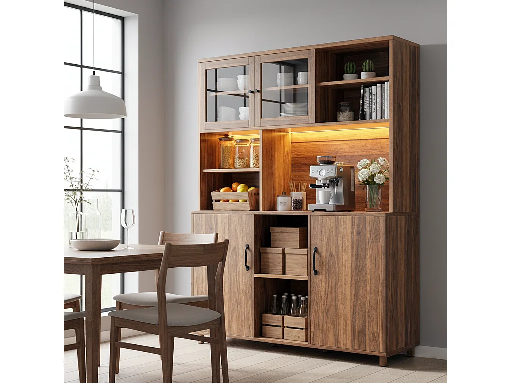URBAN MEUBLE Buffet haut vaisselier effet bois noyer et vitrine en verre avec éclairage LED intelligent