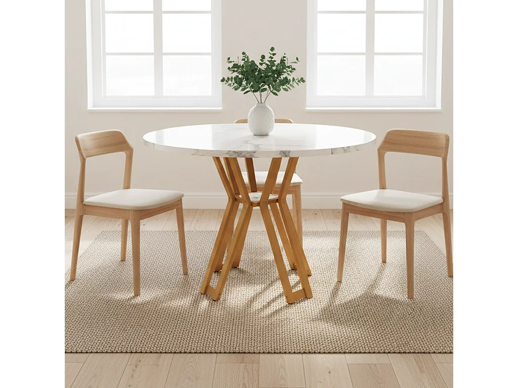 URBAN MEUBLE Table à manger ronde effet blanc marbre et piétement métallique doré 100x100cm