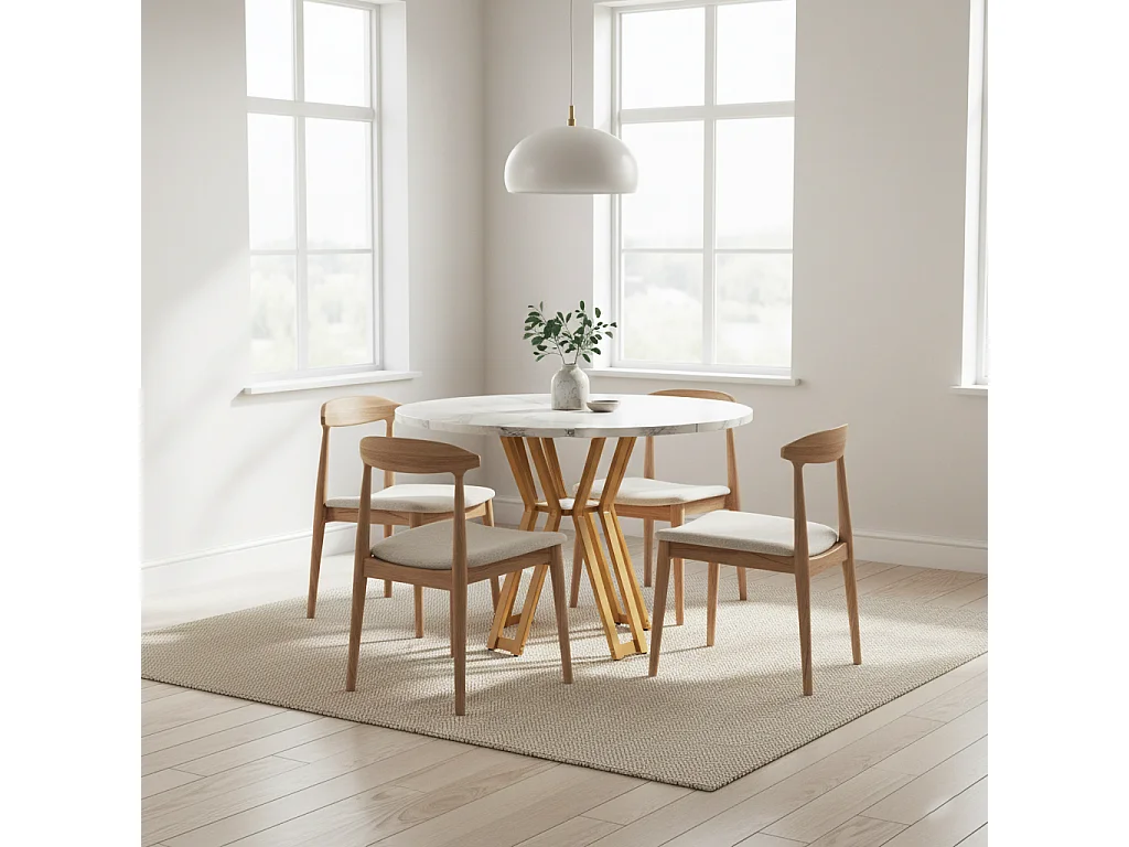 URBAN MEUBLE Table à manger ronde effet blanc marbre et piétement métallique doré 100x100cm