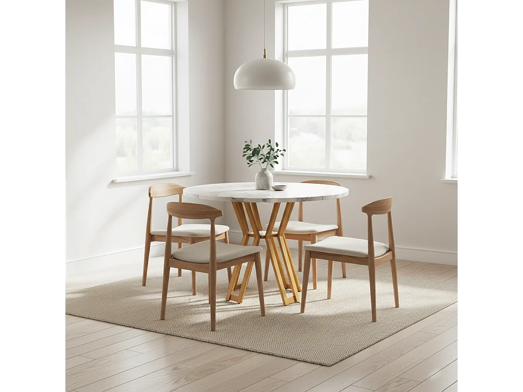 URBAN MEUBLE Table à manger ronde effet blanc marbre et piétement métallique doré 100x100cm