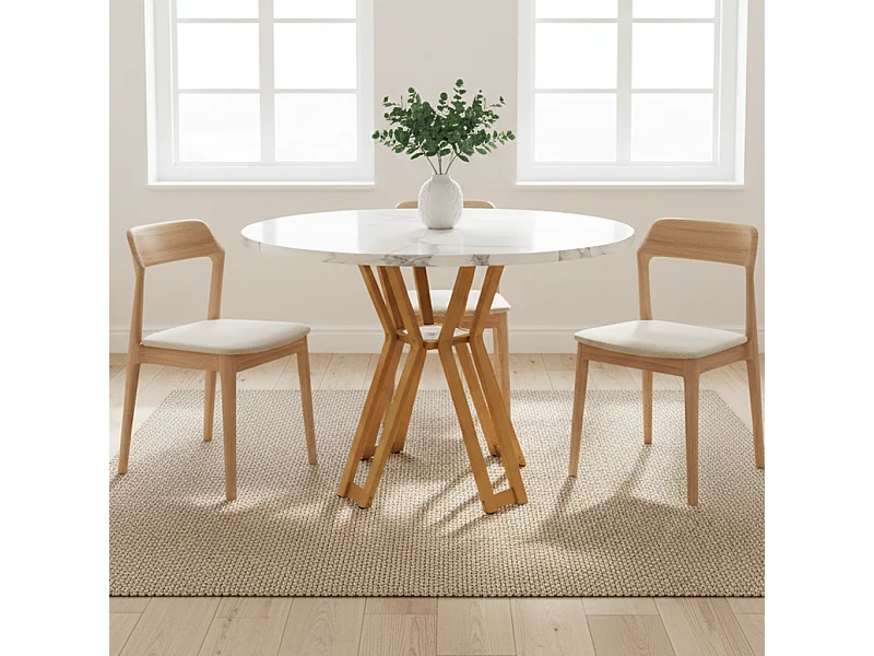 URBAN MEUBLE Table à manger ronde effet blanc marbre et piétement métallique doré 100x100cm