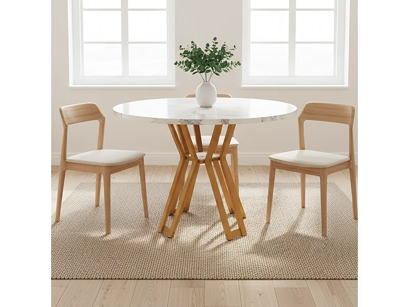 URBAN MEUBLE Table à manger ronde effet blanc marbre et piétement métallique doré 100x100cm