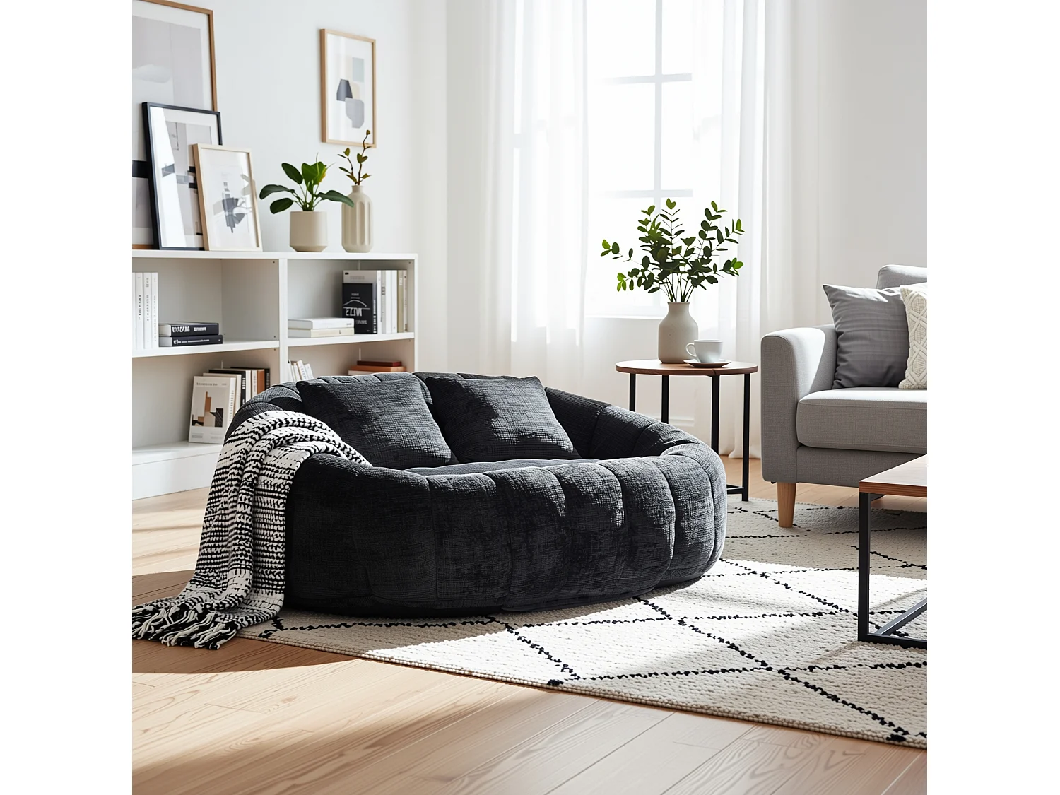URBAN MEUBLE Canapé compact rond 2 places Loveseat en chenille noir anthracite et 2 cousins