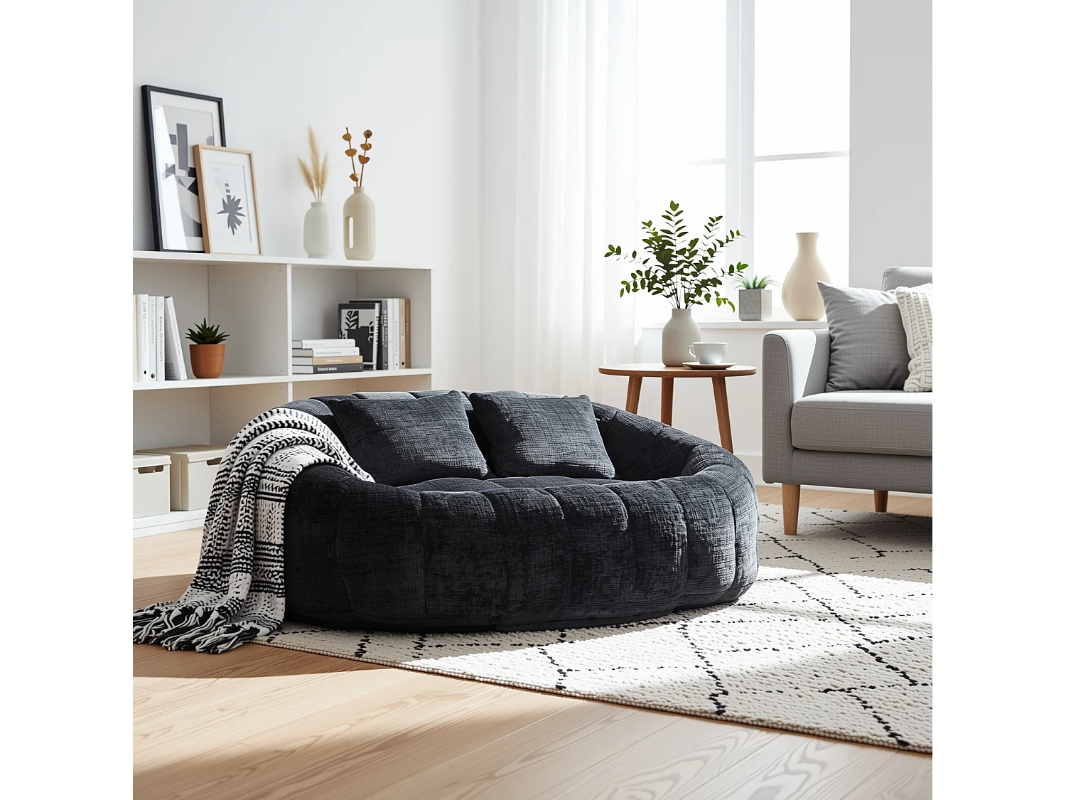 URBAN MEUBLE Canapé compact rond 2 places Loveseat en chenille noir anthracite et 2 cousins