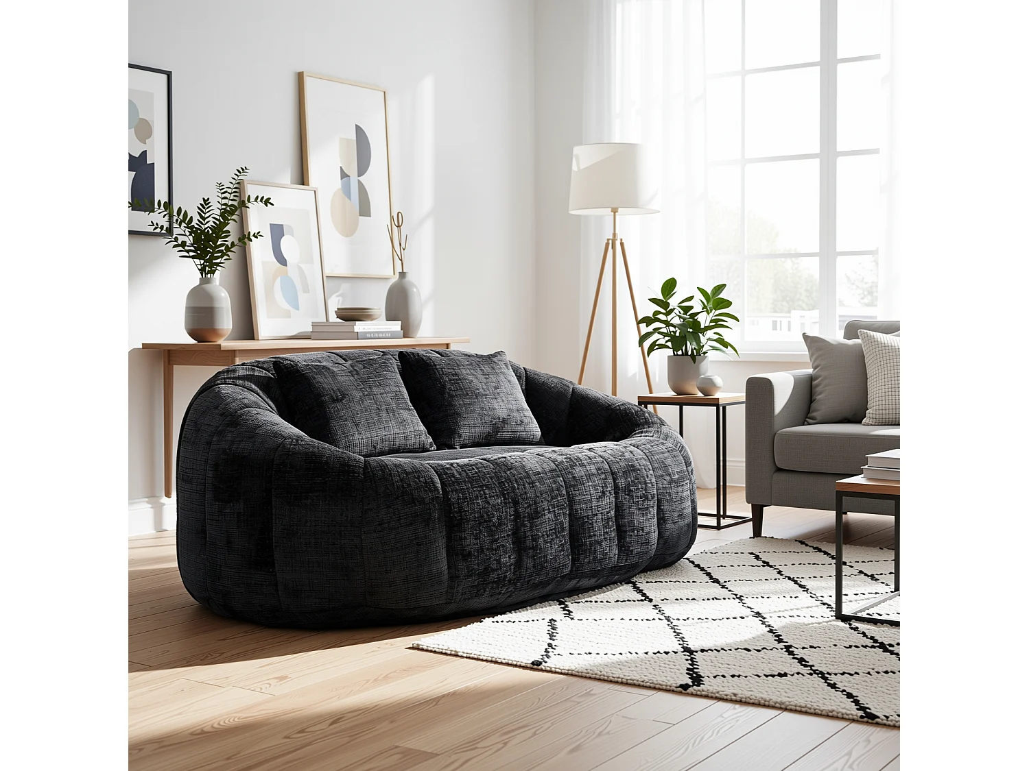 URBAN MEUBLE Canapé compact rond 2 places Loveseat en chenille noir anthracite et 2 cousins
