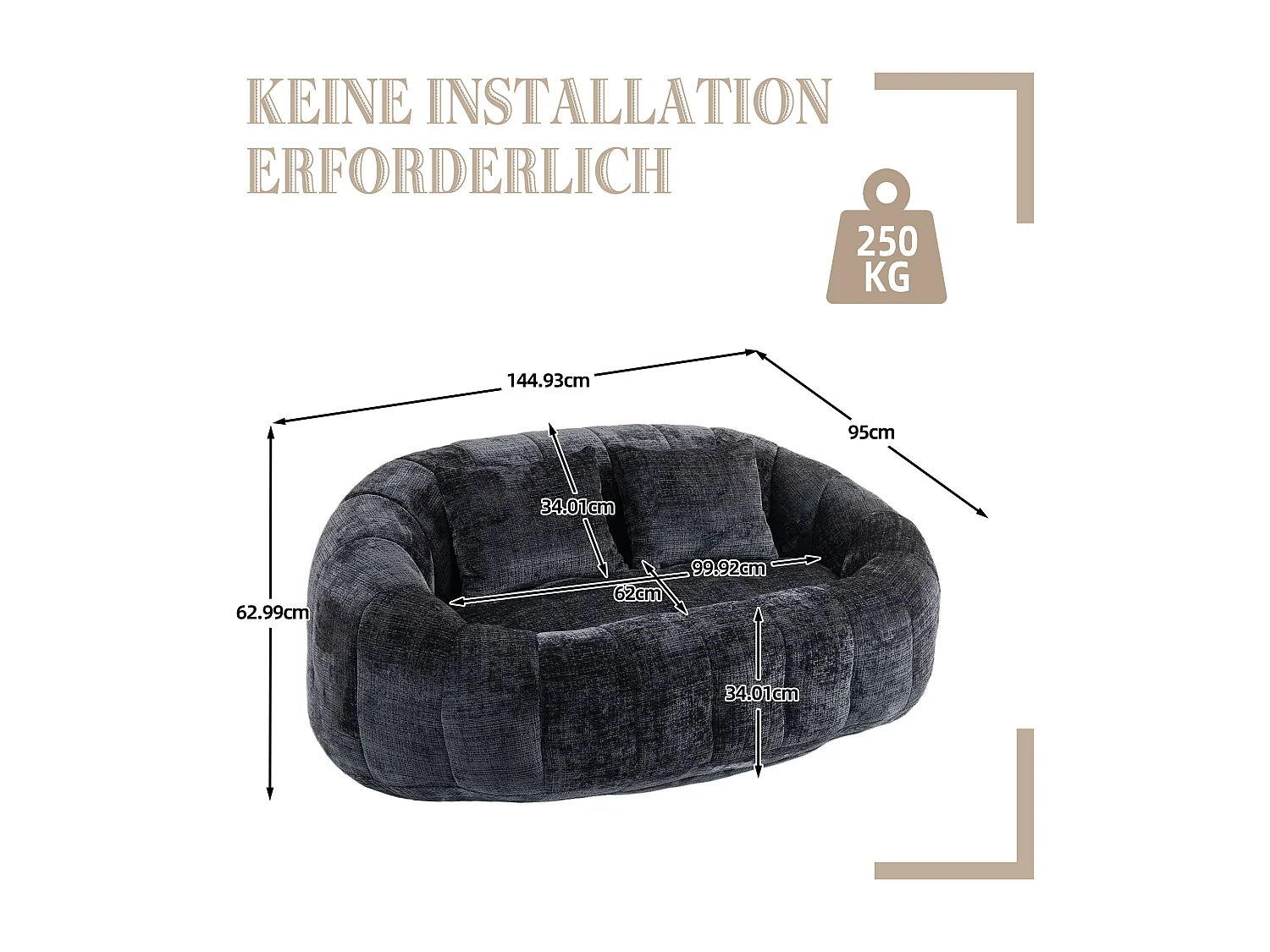 URBAN MEUBLE Canapé compact rond 2 places Loveseat en chenille noir anthracite et 2 cousins