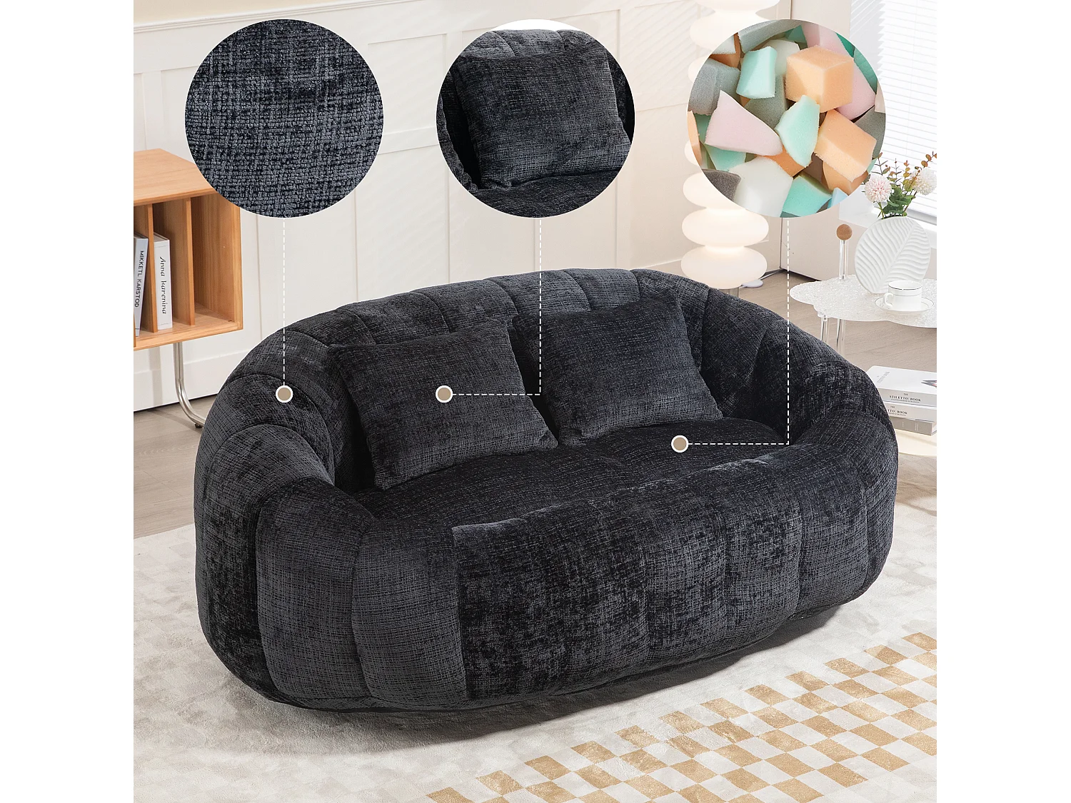 URBAN MEUBLE Canapé compact rond 2 places Loveseat en chenille noir anthracite et 2 cousins
