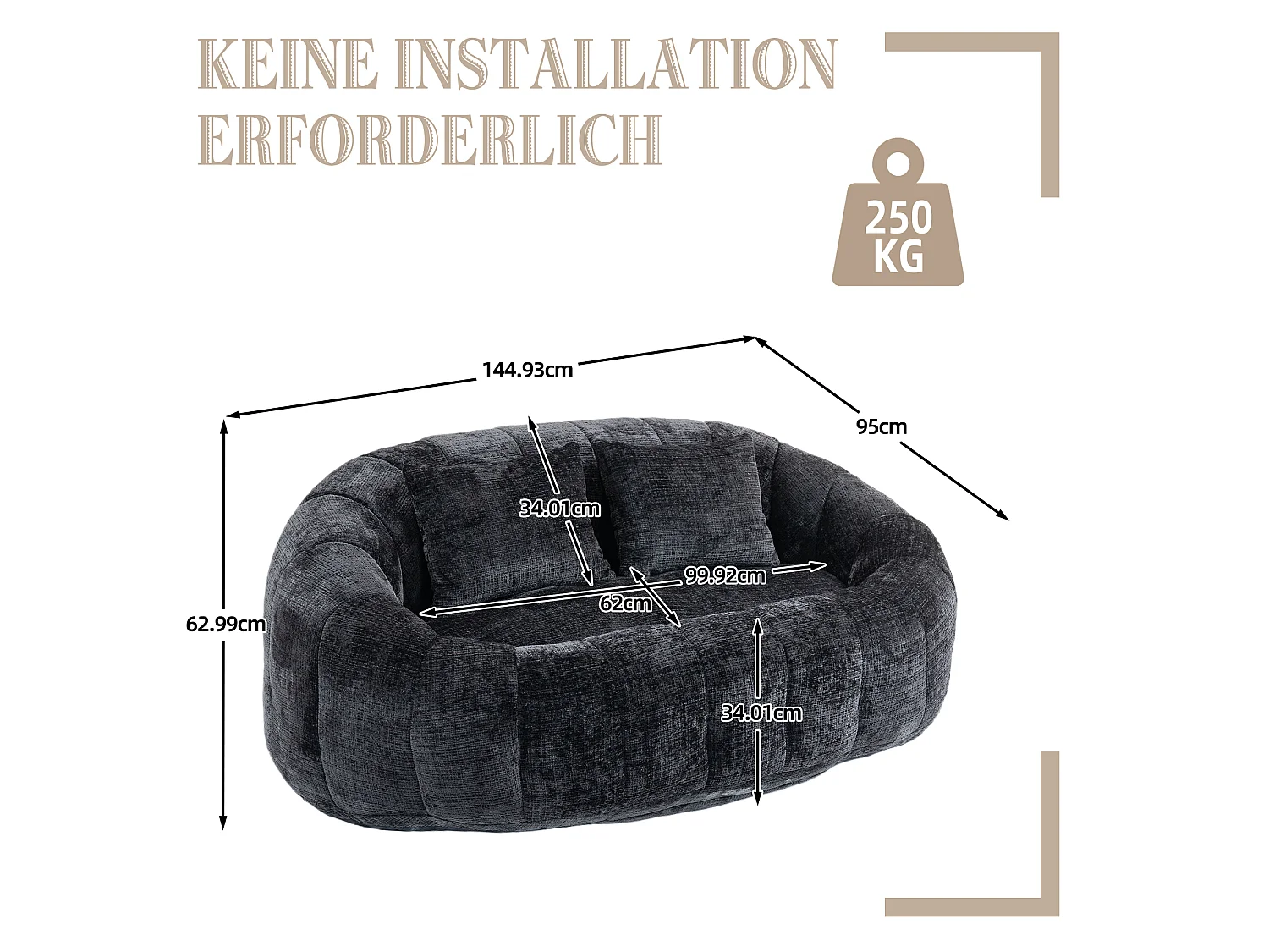 URBAN MEUBLE Canapé compact rond 2 places Loveseat en chenille noir anthracite et 2 cousins