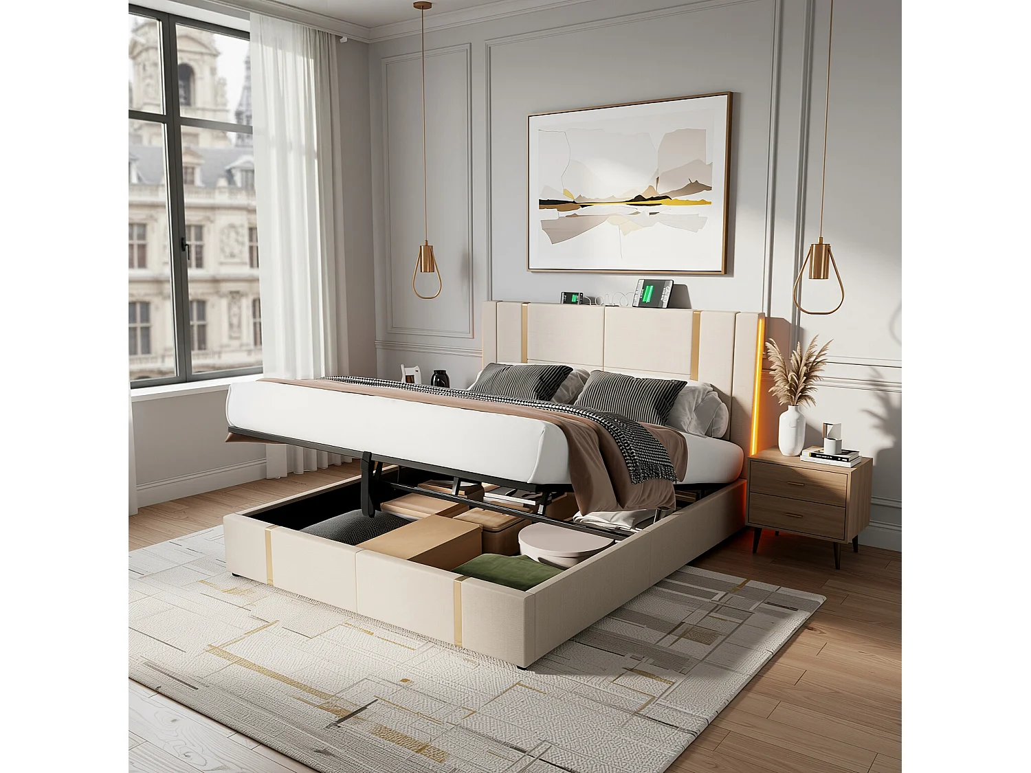 URBAN MEUBLE Lit coffre queen capitonné lin beige avec éclairage LED et ports usb/type-c (Matelas non inclus)