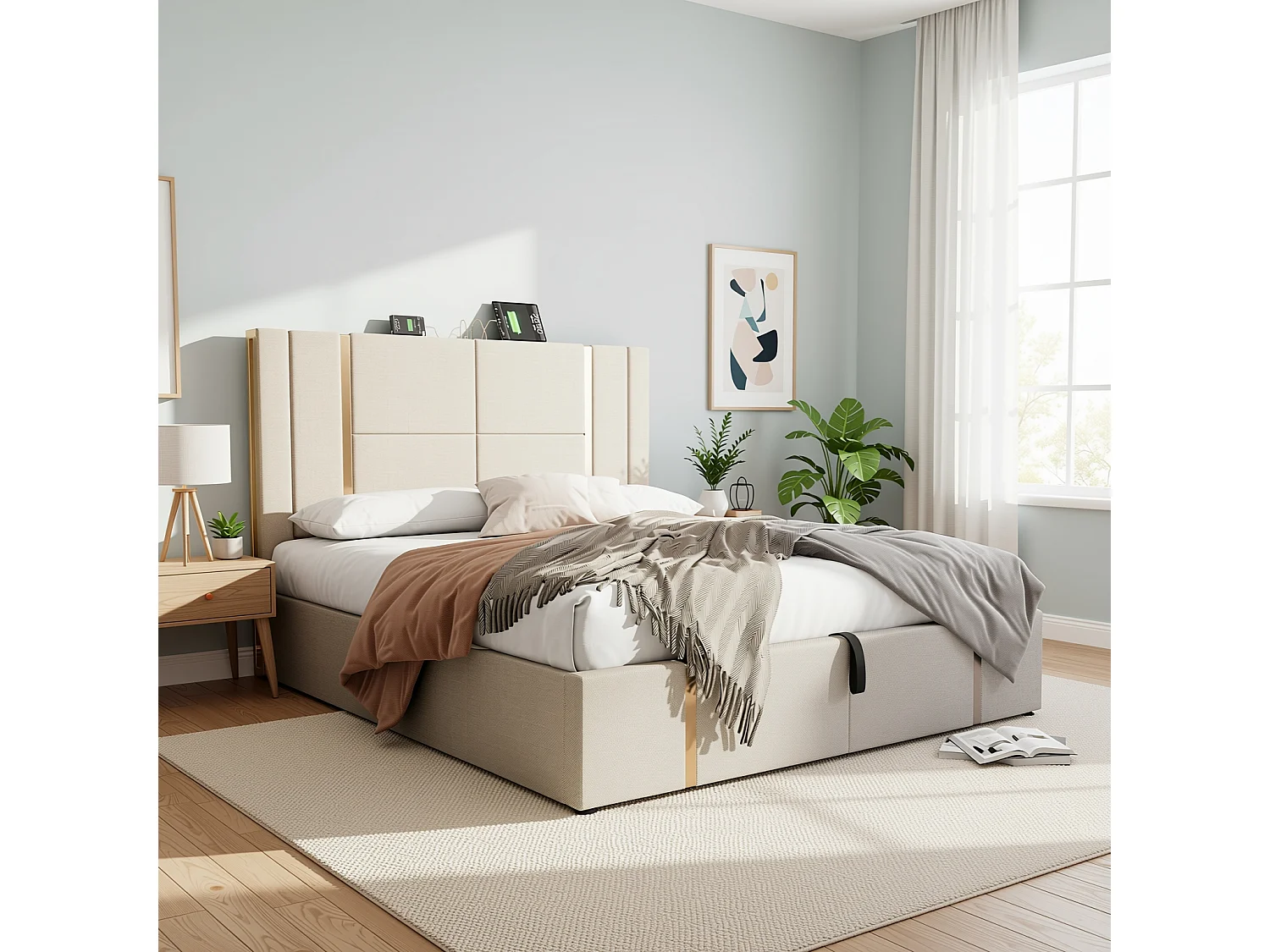 URBAN MEUBLE Lit coffre queen capitonné lin beige avec éclairage LED et ports usb/type-c (Matelas non inclus)